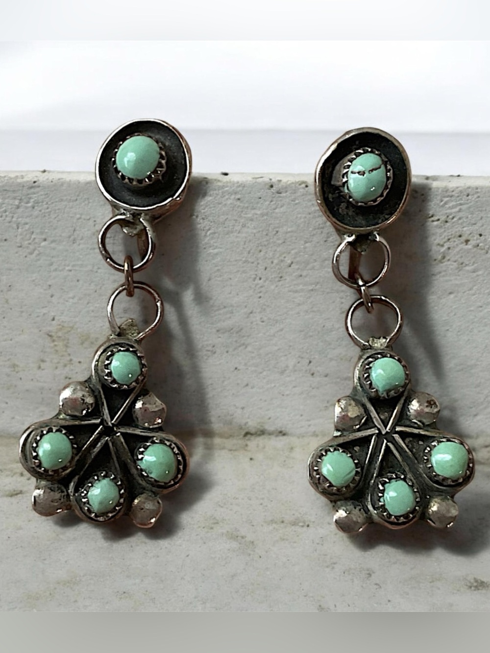 Vintage Sterling Silver Native American Turquoise Dangle Screw Back Earrings